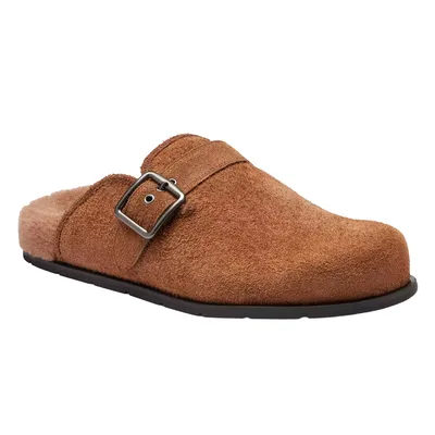 Brown suede clog with a buckle strap and fuzzy lining, featuring a flat black sole.