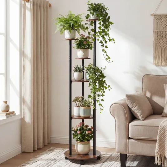 A vertical wooden and metal plant stand holds six potted plants, including ferns, ivy, and succulents, next to a beige sofa in a bright living room.