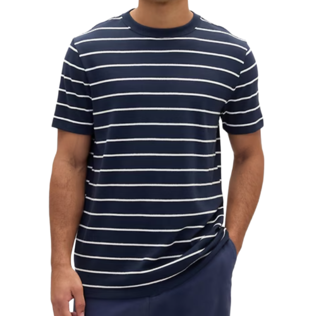 Navy blue T-shirt with white horizontal stripes, featuring short sleeves and a round neckline.