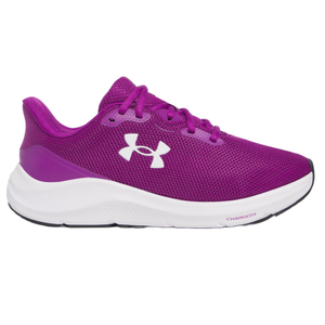 Purple Under Armour running shoe with a breathable mesh upper, white cushioned midsole, and black outsole. Features the UA logo on the side and \“Charged\“ branding on the midsole.