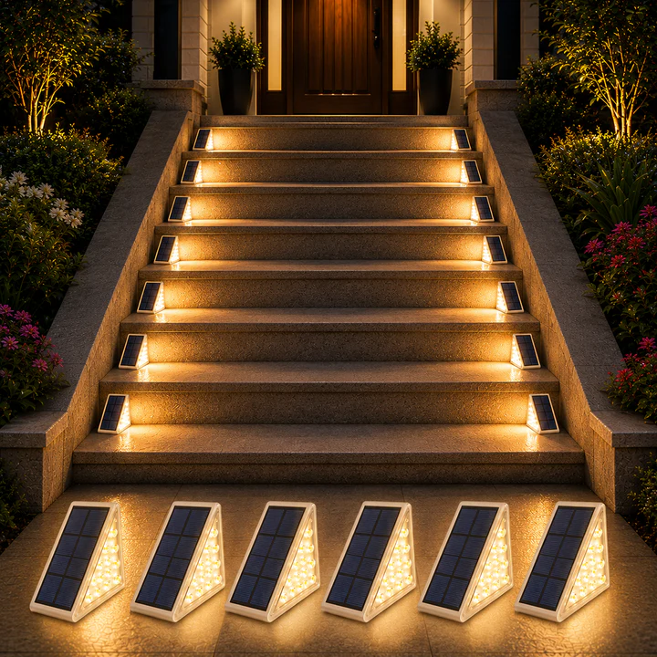Outdoor solar step lights illuminate a staircase, with solar panels on each unit collecting energy during the day to provide nighttime lighting.