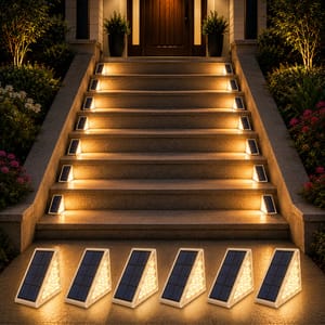 Outdoor solar step lights illuminate a staircase, with solar panels on each unit collecting energy during the day to provide nighttime lighting.