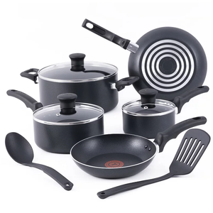 10pc T-Fal Nonstick Cookware Set includes various pots and pans with glass lids, a frying pan, and two utensils. They feature black nonstick surfaces and ergonomic handles.