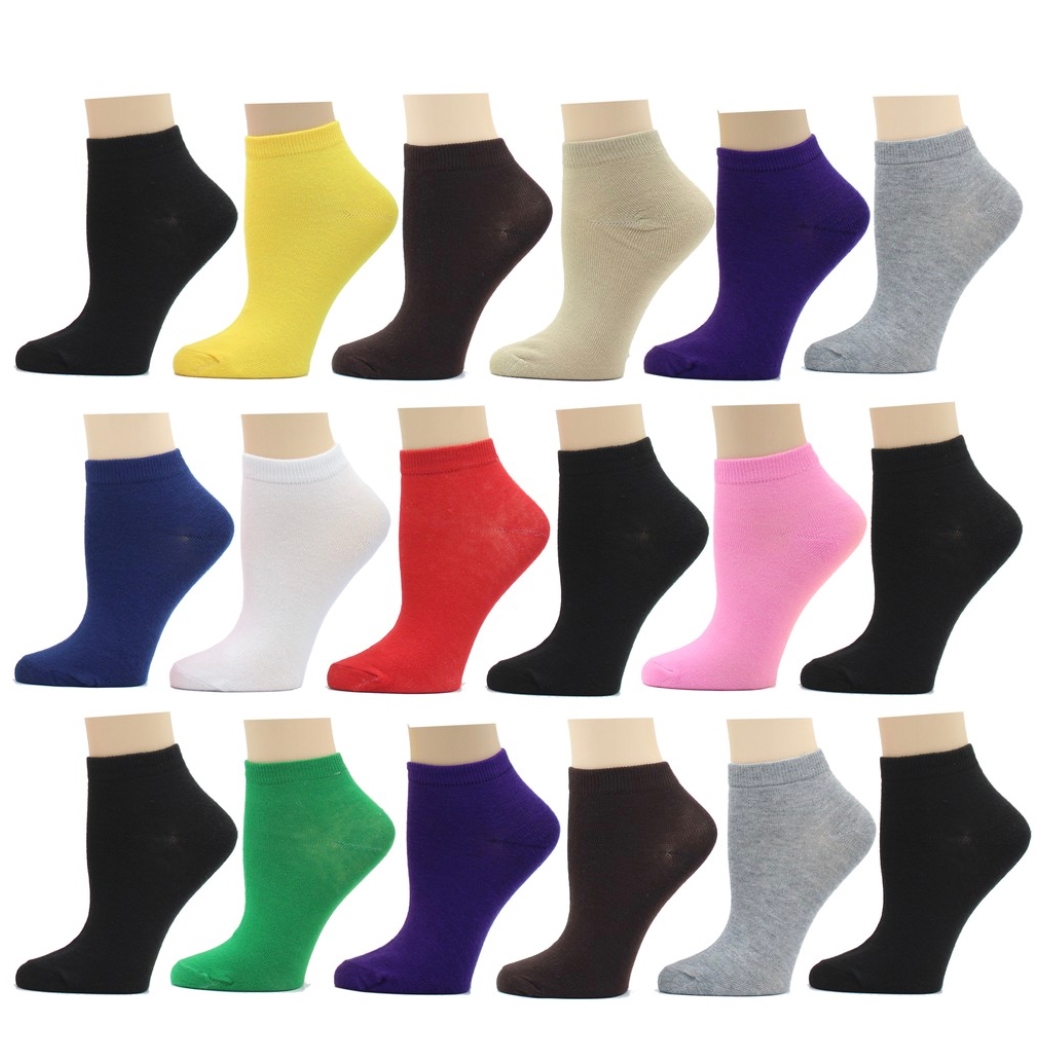 18 pairs of ankle socks displayed in two rows, featuring a variety of colors including black, yellow, brown, beige, purple, grey, blue, white, red, pink, olive, and green. Each sock is shown on a foot mannequin, highlighting the low-cut design.