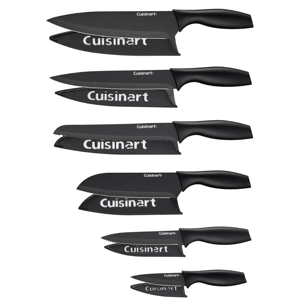 A set of six black kitchen knives with matching sheaths, each featuring the Cuisinart logo. The set includes a variety of blade shapes suitable for different cutting tasks.