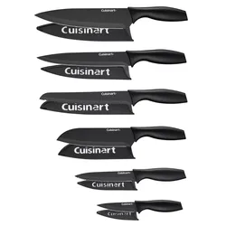 A set of six black kitchen knives with matching sheaths, each featuring the Cuisinart logo. The set includes a variety of blade shapes suitable for different cutting tasks.