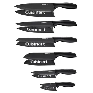 A set of six black kitchen knives with matching sheaths, each featuring the Cuisinart logo. The set includes a variety of blade shapes suitable for different cutting tasks.