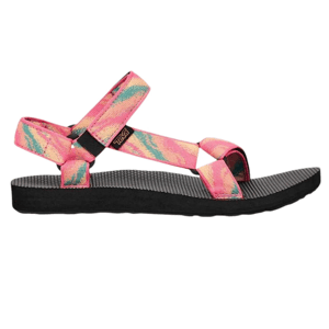 A colorful Teva sandal featuring pink, yellow, and blue straps with a black sole and an adjustable ankle strap.