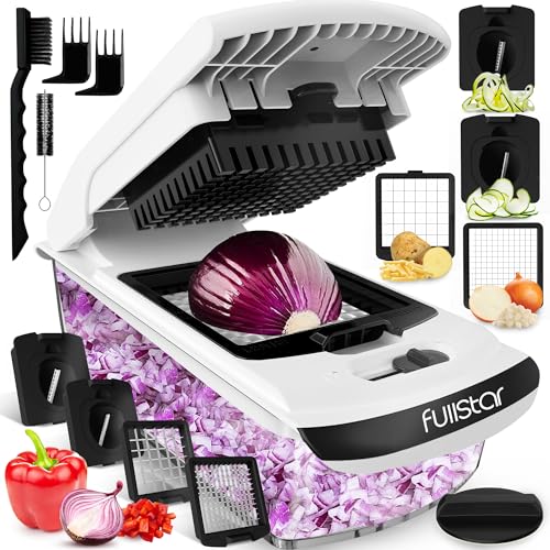 A multifunctional kitchen gadget set featuring a vegetable chopper with various blade attachments and a handheld spiralizer.