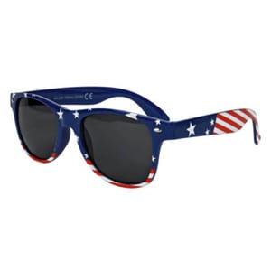 Sunglasses with a design featuring the American flag, displaying stars on a blue background and red and white stripes on the arms, paired with dark lenses.