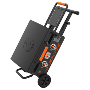 The Blackstone 22\“ Flexfold Griddle is a portable, foldable cooking appliance with a griddle surface, featuring an orange and black design, two adjustable heat dials, and a retractable handle with wheels for easy transport.