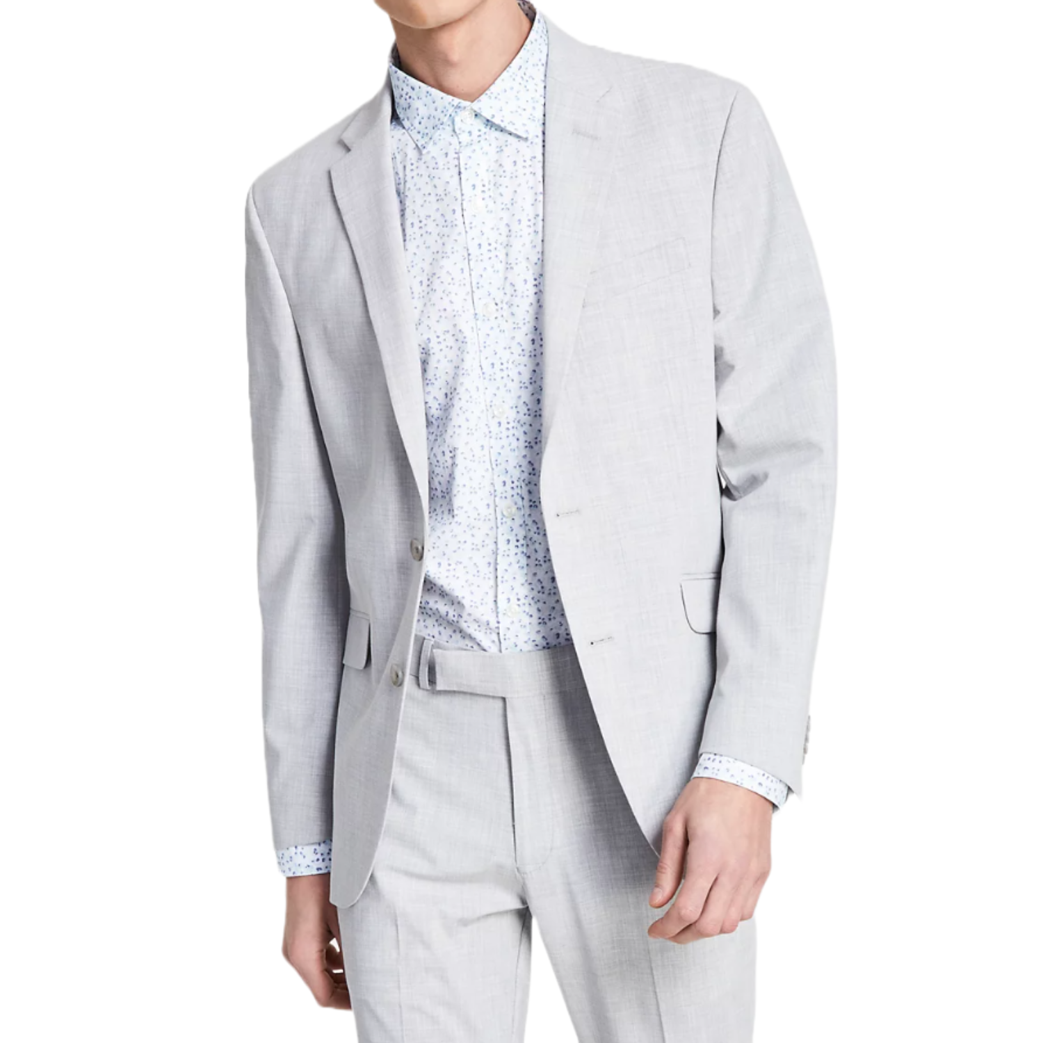 A light grey Kenneth Cole Reaction 2-Piece Suit featuring a slim-fit design, with a subtle texture on the fabric, and a printed inner lining at the cuffs and collar.