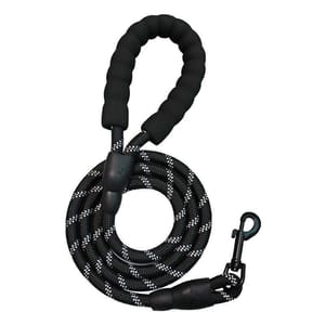 Black and white 5-foot reflective dog leash with a padded handle and metal clip for secure attachment.