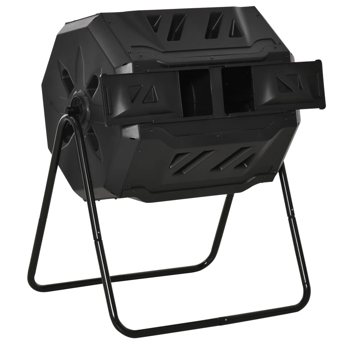 Black rotating compost tumbler on a metal stand, designed for efficient composting with dual compartments and ventilation slots for aeration.