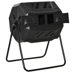 Black rotating compost tumbler on a metal stand, designed for efficient composting with dual compartments and ventilation slots for aeration.