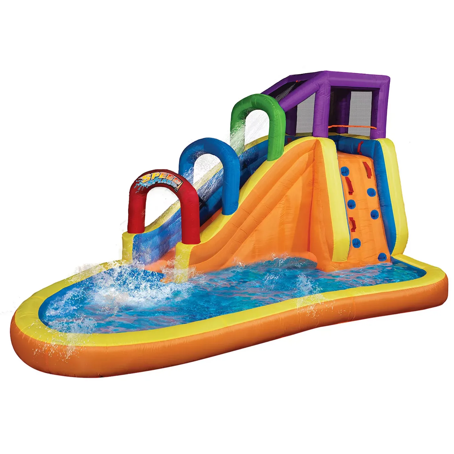 Inflatable water slide with climbing wall and splash pool, featuring colorful arches labeled \āSpeed N Splash.\ā