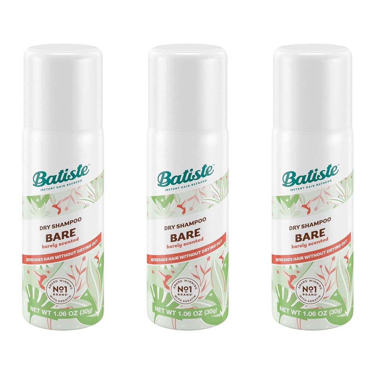 3 pack of Batiste Dry Shampoo, Bare variant, 1.06 oz each. The dry shampoo refreshes hair without drying, with a barely scented formula.