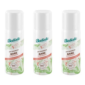3 pack of Batiste Dry Shampoo, Bare variant, 1.06 oz each. The dry shampoo refreshes hair without drying, with a barely scented formula.