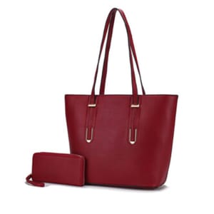 Red faux leather tote bag with dual shoulder straps, gold-tone hardware, and matching wristlet wallet.