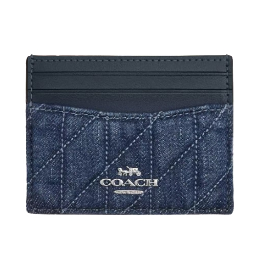 Coach Slim ID Card Case with Quilting features a denim quilted design with a black leather top and several card slots. The Coach logo is displayed in silver on the front.