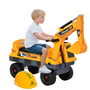 A child is seated on a yellow ride-on toy excavator, labeled \“Super Truck Power,\“ with a construction hat placed nearby. The toy features a realistic arm and bucket, designed for imaginative play.