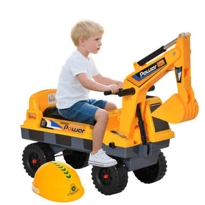 A child is seated on a yellow ride-on toy excavator, labeled \“Super Truck Power,\“ with a construction hat placed nearby. The toy features a realistic arm and bucket, designed for imaginative play.