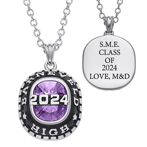 A graduation necklace featuring a birthstone with \“2024\“ in silver on the front, surrounded by the text \“BARNEFIELD HIGH.\“ The back is engraved with \“S.M.E. CLASS OF 2024 LOVE, M&D.\“
