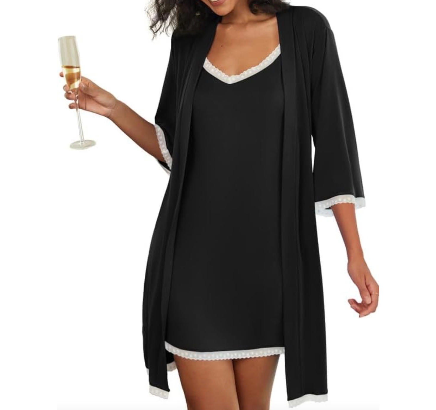 A black nightgown and robe set with white lace trim on the neckline, sleeves, and hem. The robe has three-quarter sleeves, and the nightgown is sleeveless, offering a simple and elegant look.