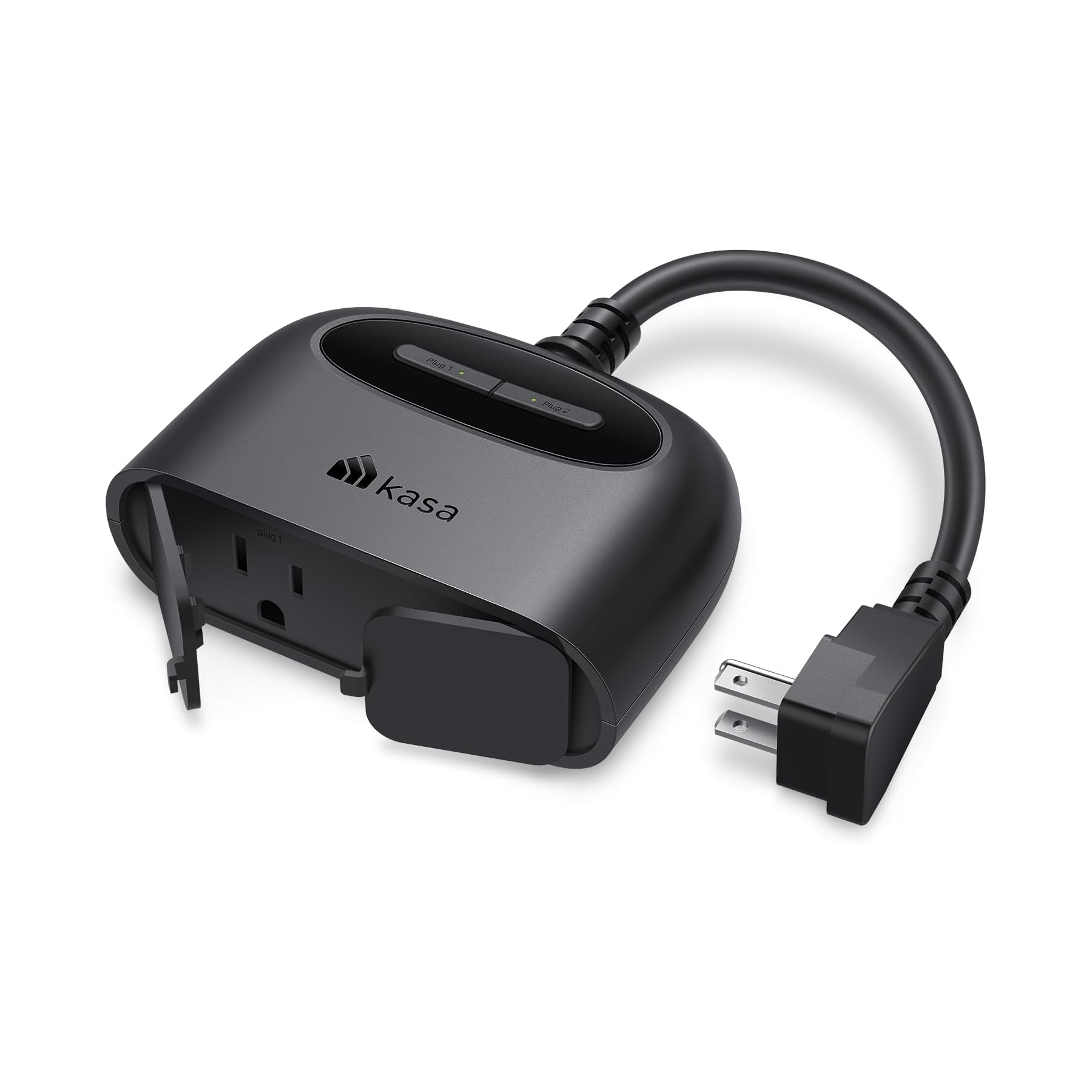 A black Kasa smart outdoor plug with two outlets, an attached cord, and Wi-Fi connectivity features.