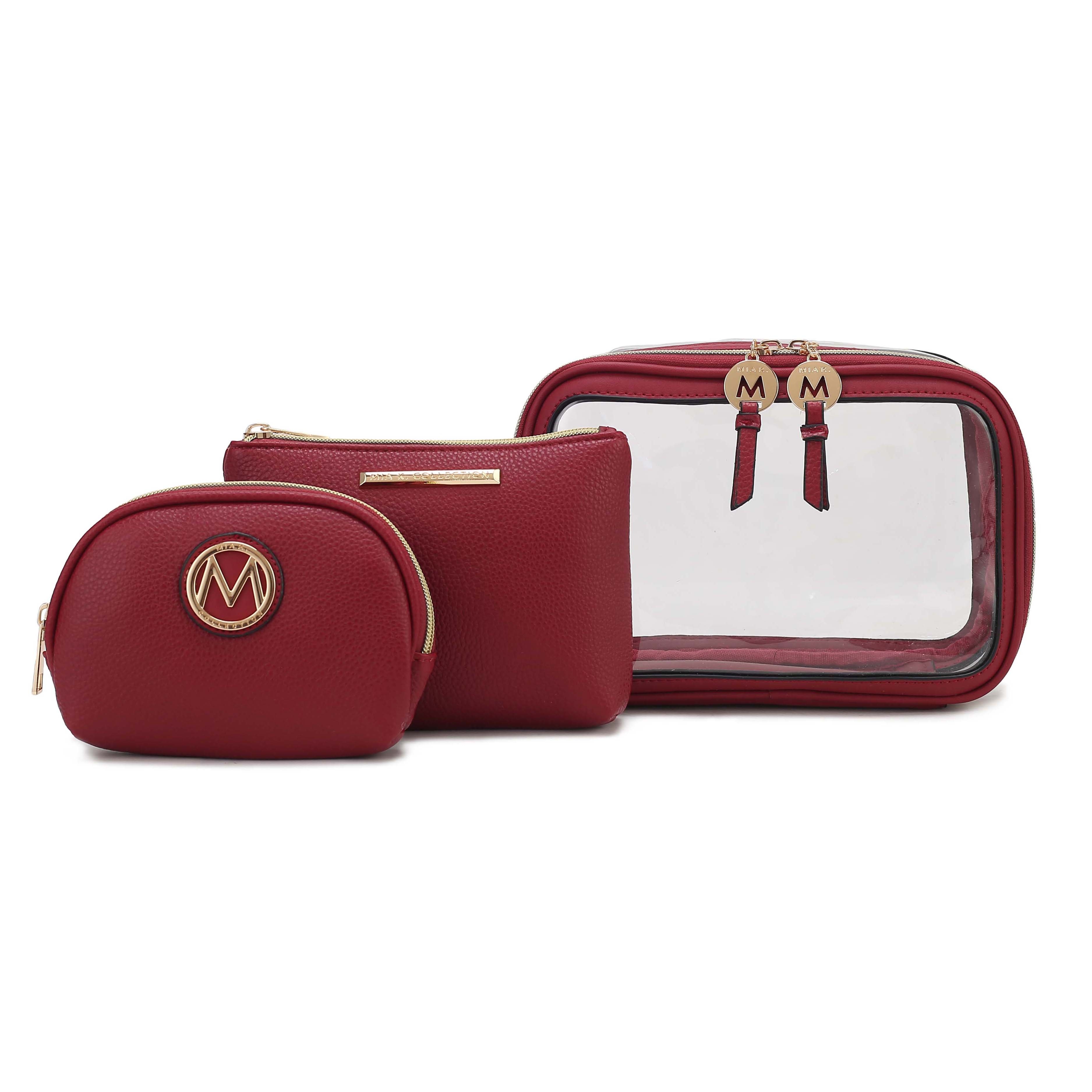 A 3-piece MKF cosmetic case set includes two red faux leather pouches with gold-tone zippers and logos, and one clear zippered case featuring red trim.