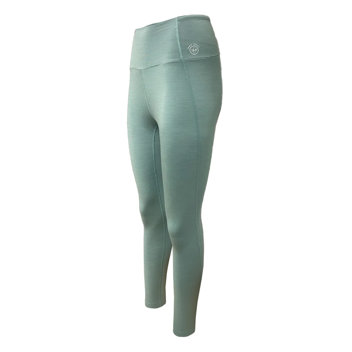 High-waisted, sage green leggings with a small circular logo on the waistband. Made by Allbirds, they feature a smooth, fitted design suitable for active or casual wear.