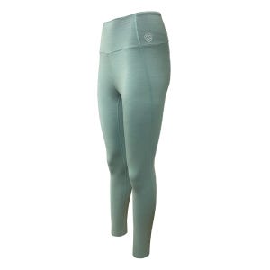 High-waisted, sage green leggings with a small circular logo on the waistband. Made by Allbirds, they feature a smooth, fitted design suitable for active or casual wear.