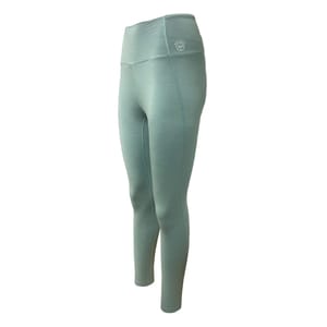 High-waisted, sage green leggings with a small circular logo on the waistband. Made by Allbirds, they feature a smooth, fitted design suitable for active or casual wear.