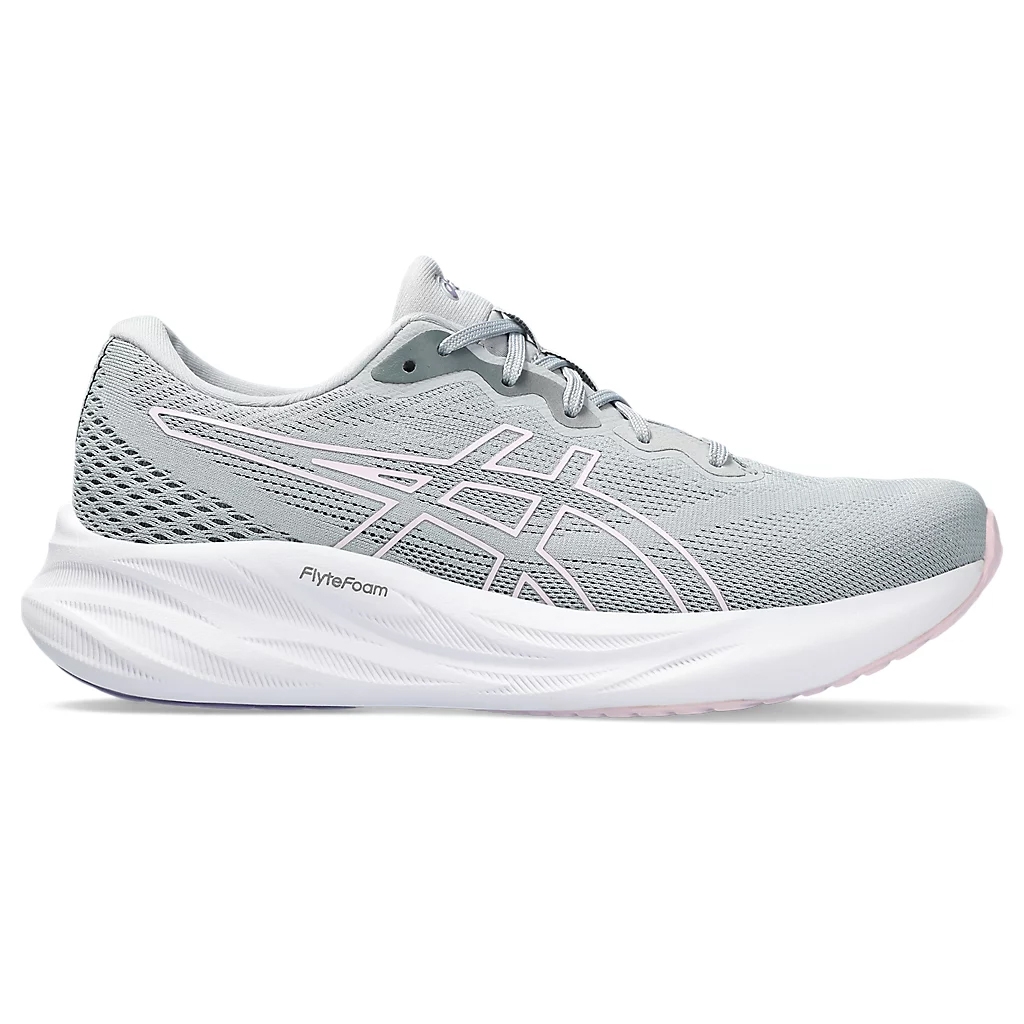 Light gray ASICS Gel-Pulse 15 running shoe with mesh upper, distinctive logo on the side, and cushioned FlyteFoam sole designed for comfort and support.