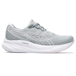 Light gray ASICS Gel-Pulse 15 running shoe with mesh upper, distinctive logo on the side, and cushioned FlyteFoam sole designed for comfort and support.