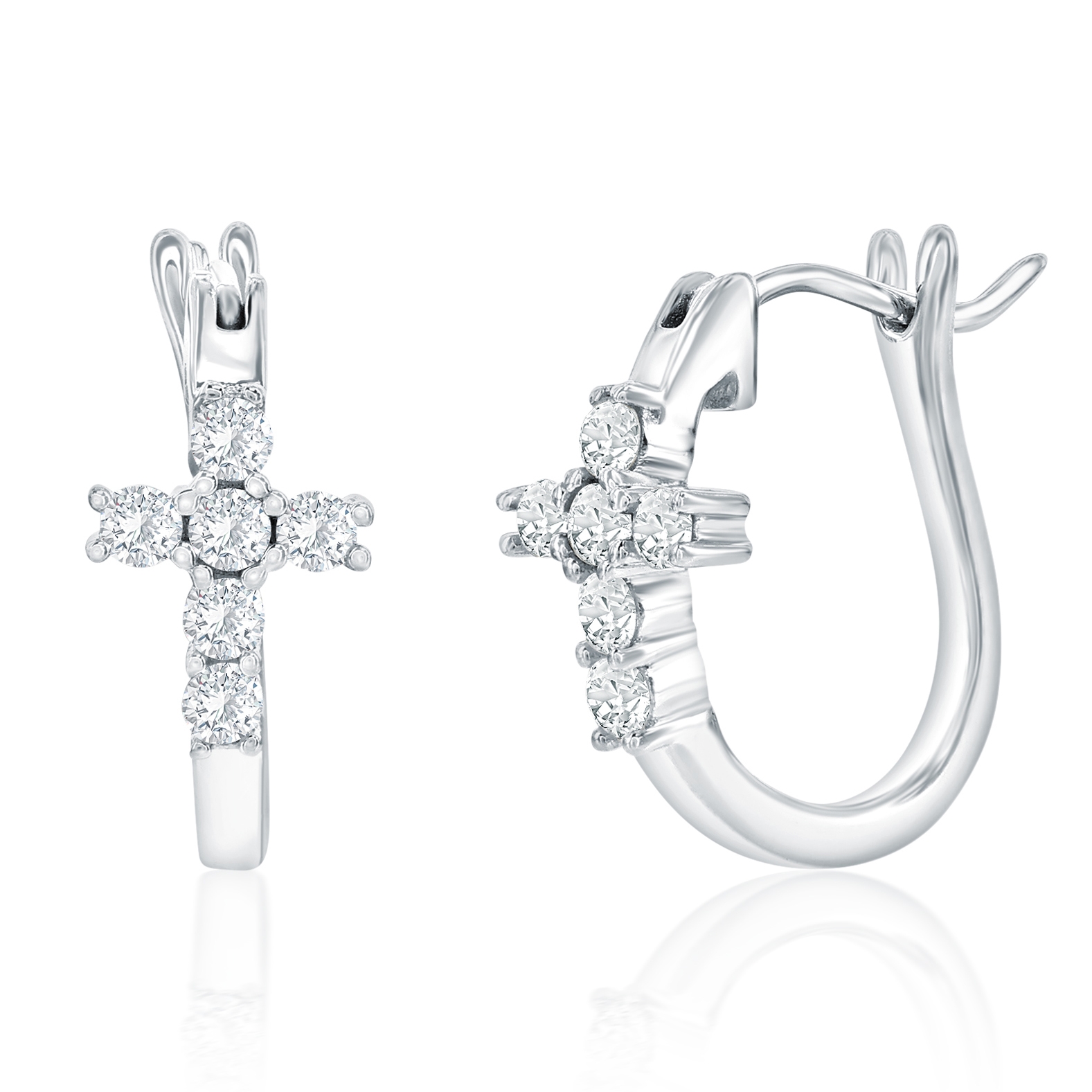 Silver hoop earrings featuring diamond crosses, designed with a secure latch back closure and adorned with sparkling round-cut diamonds.