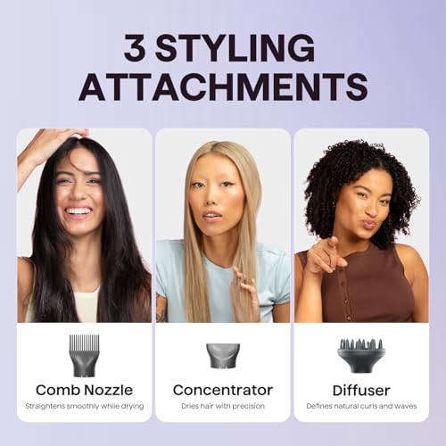 Three styling attachments are shown: a Comb Nozzle for straightening while drying, a Concentrator for precise drying, and a Diffuser for defining curls and waves.