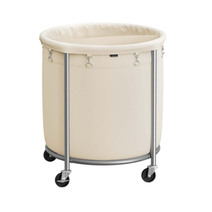 A round, cream-colored laundry hamper with a metal frame and four caster wheels for mobility.