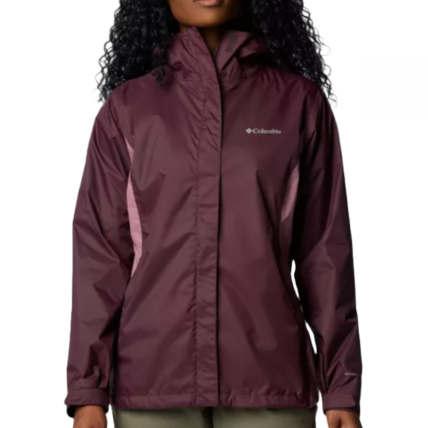 The Columbia Arcadia II Jacket is a waterproof, hooded jacket in a burgundy color with a full front zipper and adjustable cuffs. It features the Columbia logo on the chest and is designed for protection against rain and wind.