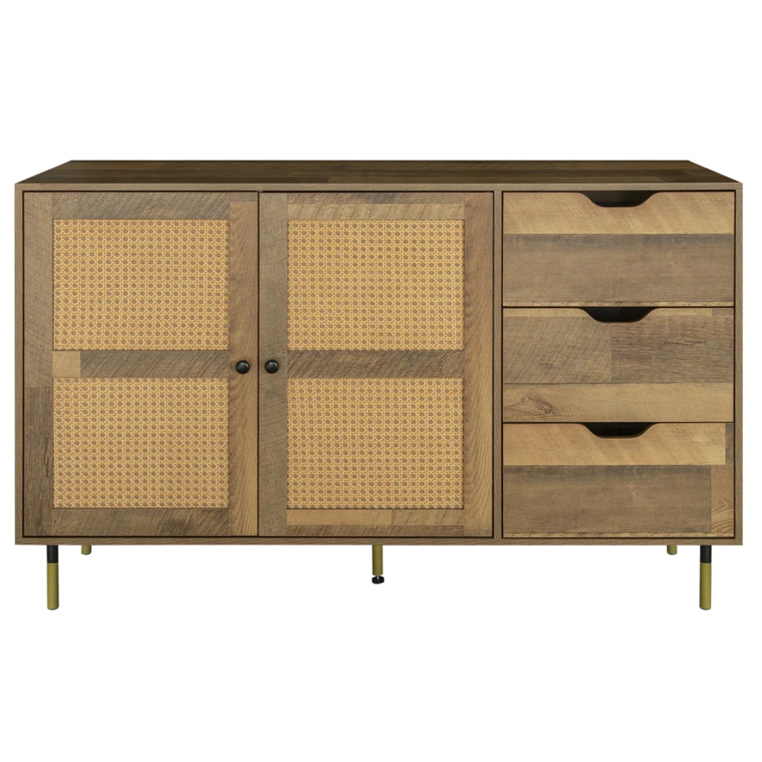 A mid-century modern-style sideboard with rattan-panelled double doors on the left and three drawers to the right, set on slender tapered legs.