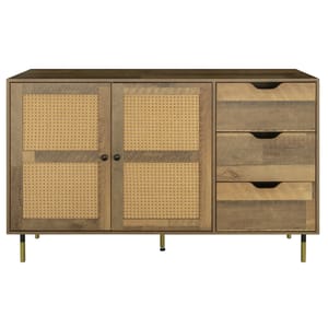 A mid-century modern-style sideboard with rattan-panelled double doors on the left and three drawers to the right, set on slender tapered legs.
