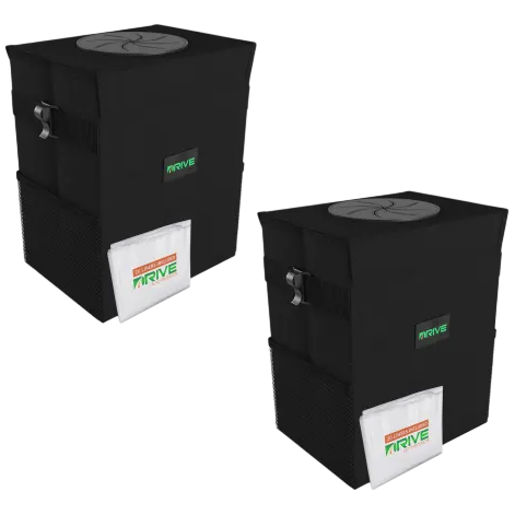 Two black hydroponic growing bags with a mesh ventilation system and labeled pockets, featuring the logo \“THRIVE.\“