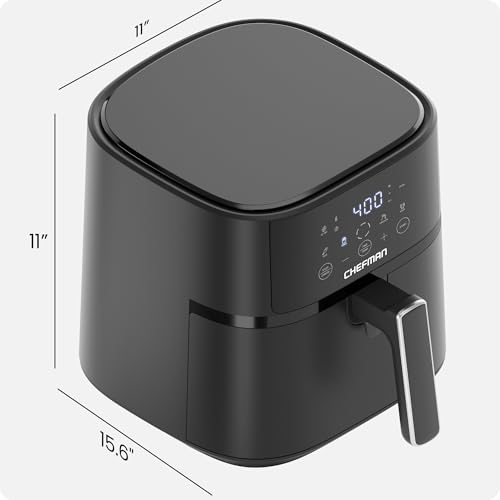 Black Chefman air fryer with digital display, dimensions 11\“ x 11\“ x 15.6\“.