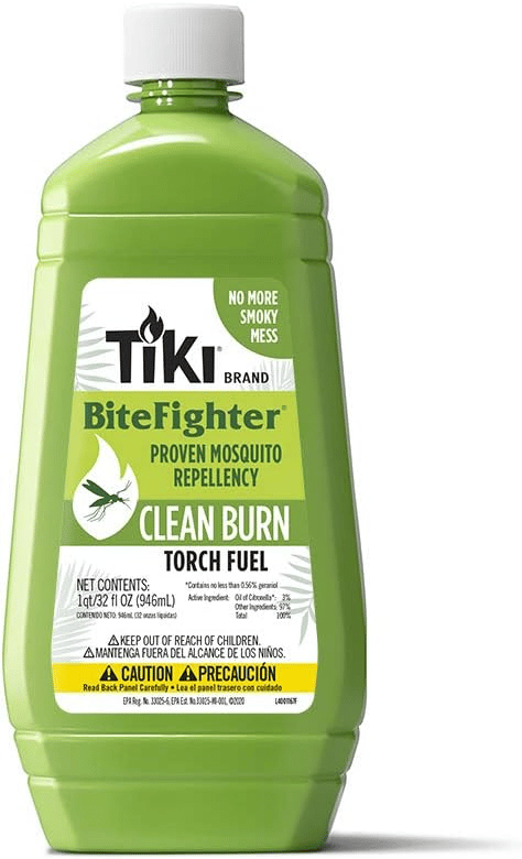 TIKI Brand BiteFighter Clean Burn Torch Fuel is a smoky mess-free, proven mosquito repellent. Net contents: 1qt/32 fl oz (946mL).