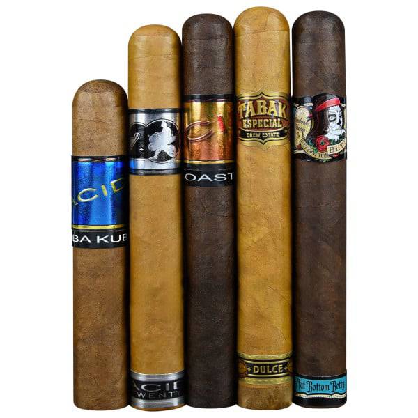 A collection of five cigars, each with a distinct label and wrapper color. Brands visible include Acid Kuba Kuba, Tabak Especial, and Bottom Betty, featuring various blends and packaging designs.