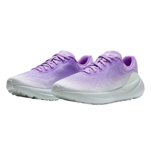 A pair of lavender running shoes with a gradient design, featuring lace-up closure and a textured sole for grip.