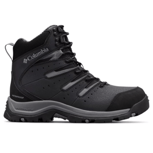 Columbia Men's Gunnison Boots are black, high-top, waterproof boots with rugged soles and metal eyelets for durability, featuring the Columbia logo and Techlite cushioning for comfort.