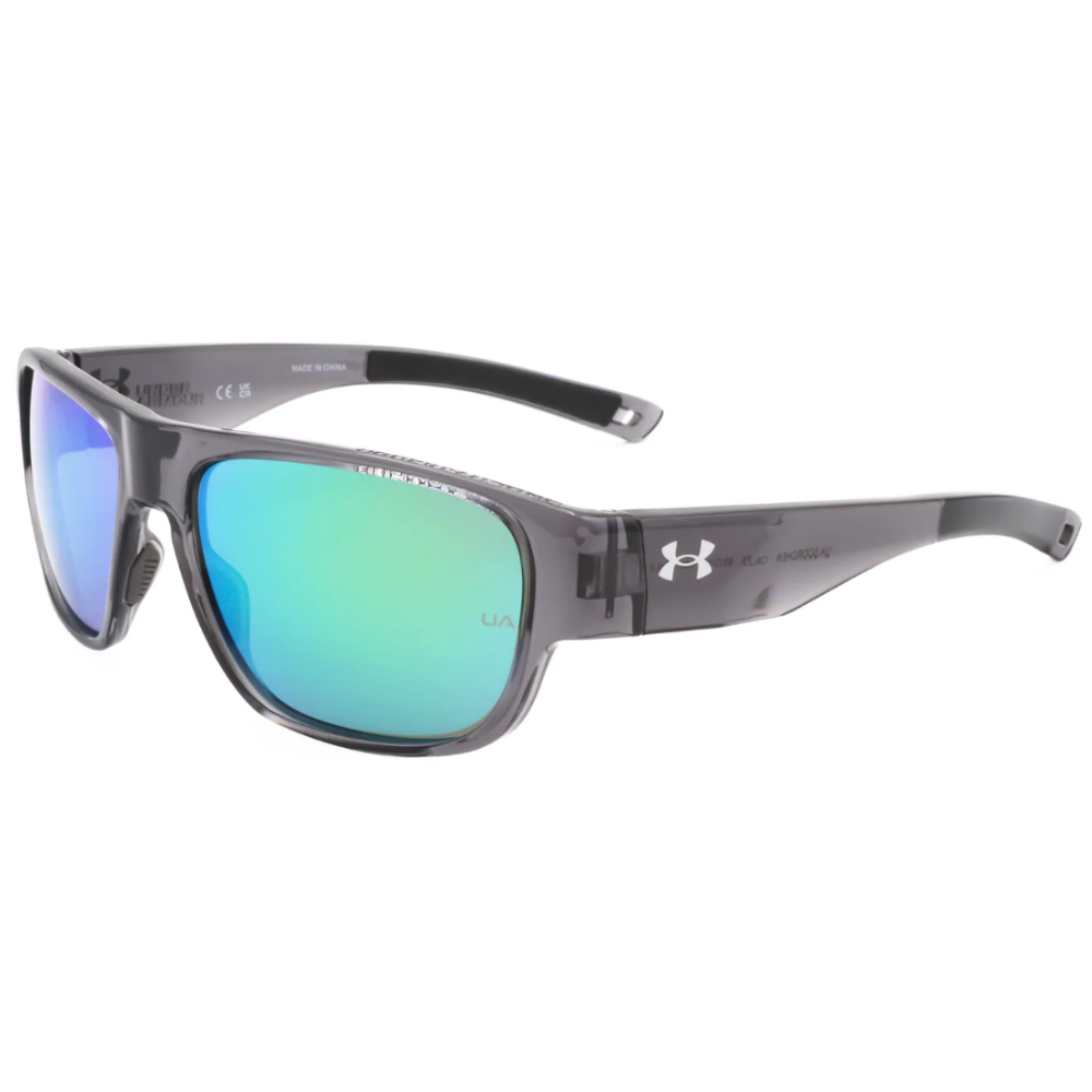 Under Armour sunglasses with gray translucent frames and mirrored green lenses, featuring the Under Armour logo on the temples.