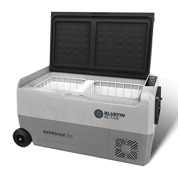 Portable electric cooler on wheels with open lid and digital temperature display.