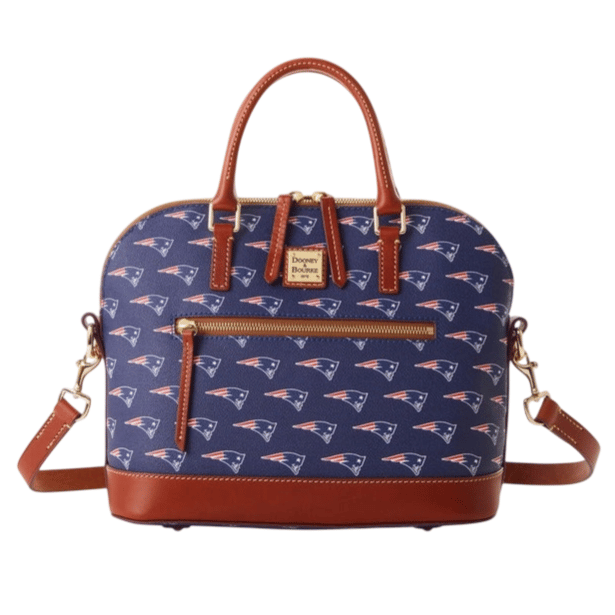 A Dooney & Bourke handbag featuring a New England Patriots logo pattern, with brown leather accents, dual handles, and a detachable shoulder strap.